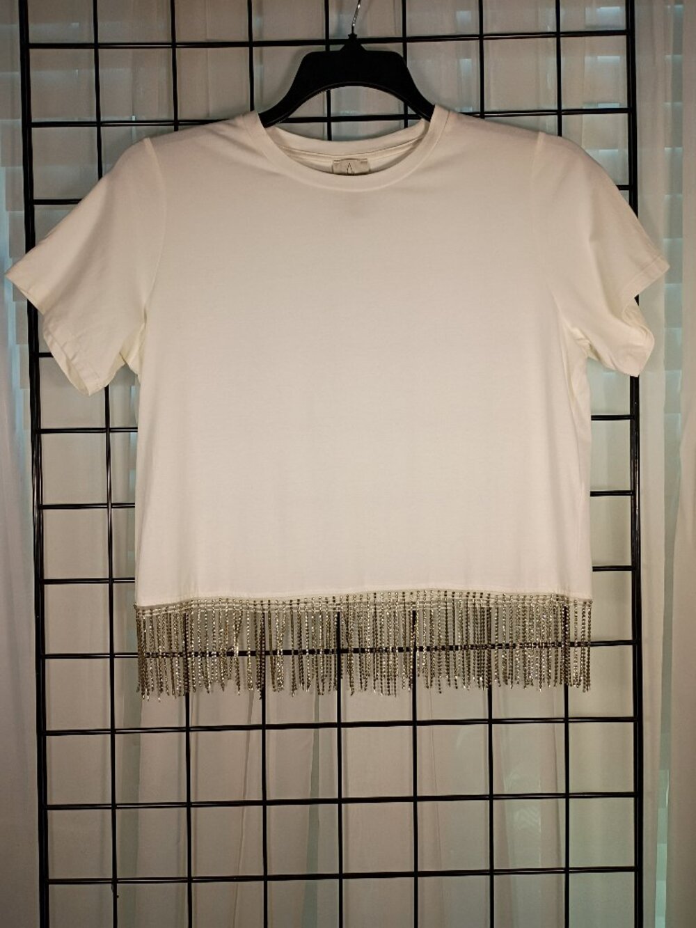 Joie Crystal Rhinestone Fringe White/Cream T-Shirt Size Medium